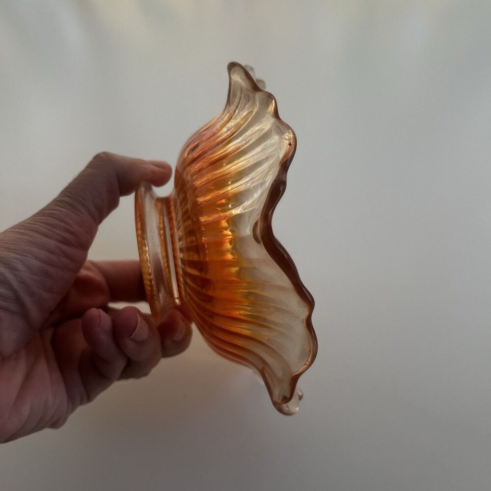 Vintage Marigold Carnival Glass Serving Bowl, 6", Starburst, Ribbed & Ruffled - Picture 4 of 7